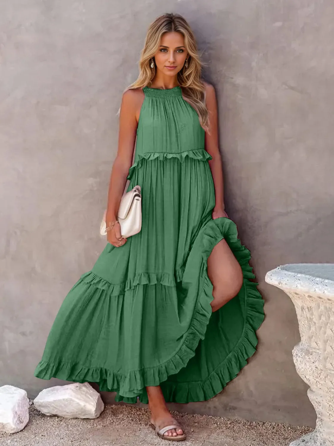 Blue Zone Planet |  Adeline's Ruffled Sleeveless Tiered Maxi Dress with Pockets