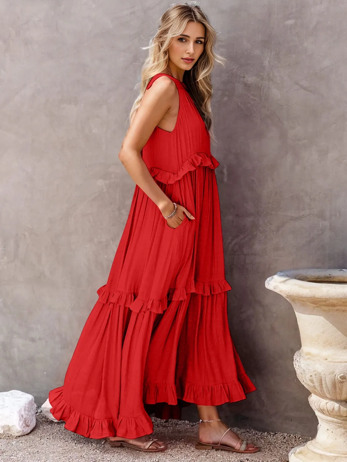 Blue Zone Planet |  Adeline's Ruffled Sleeveless Tiered Maxi Dress with Pockets