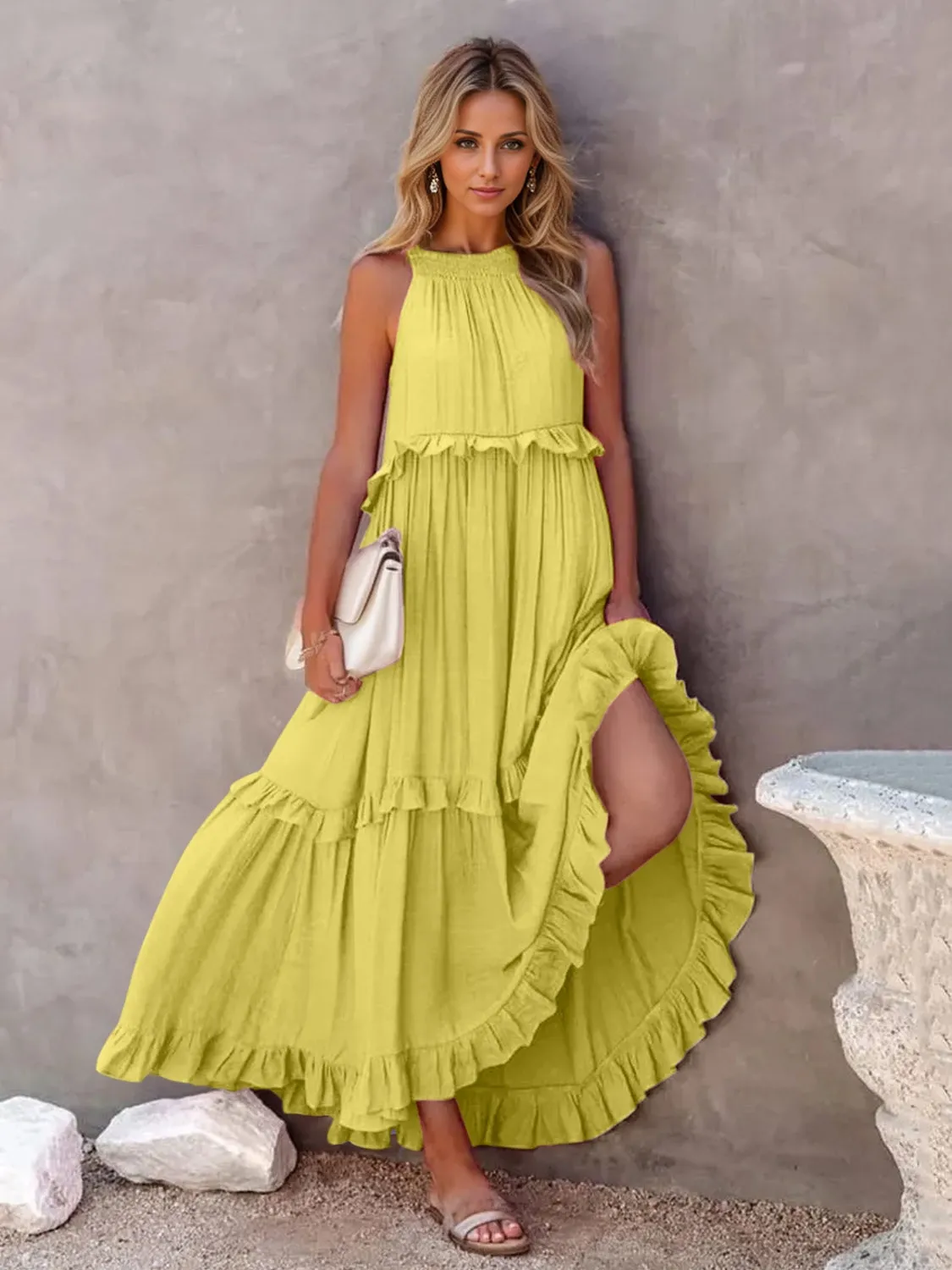 Blue Zone Planet |  Adeline's Ruffled Sleeveless Tiered Maxi Dress with Pockets