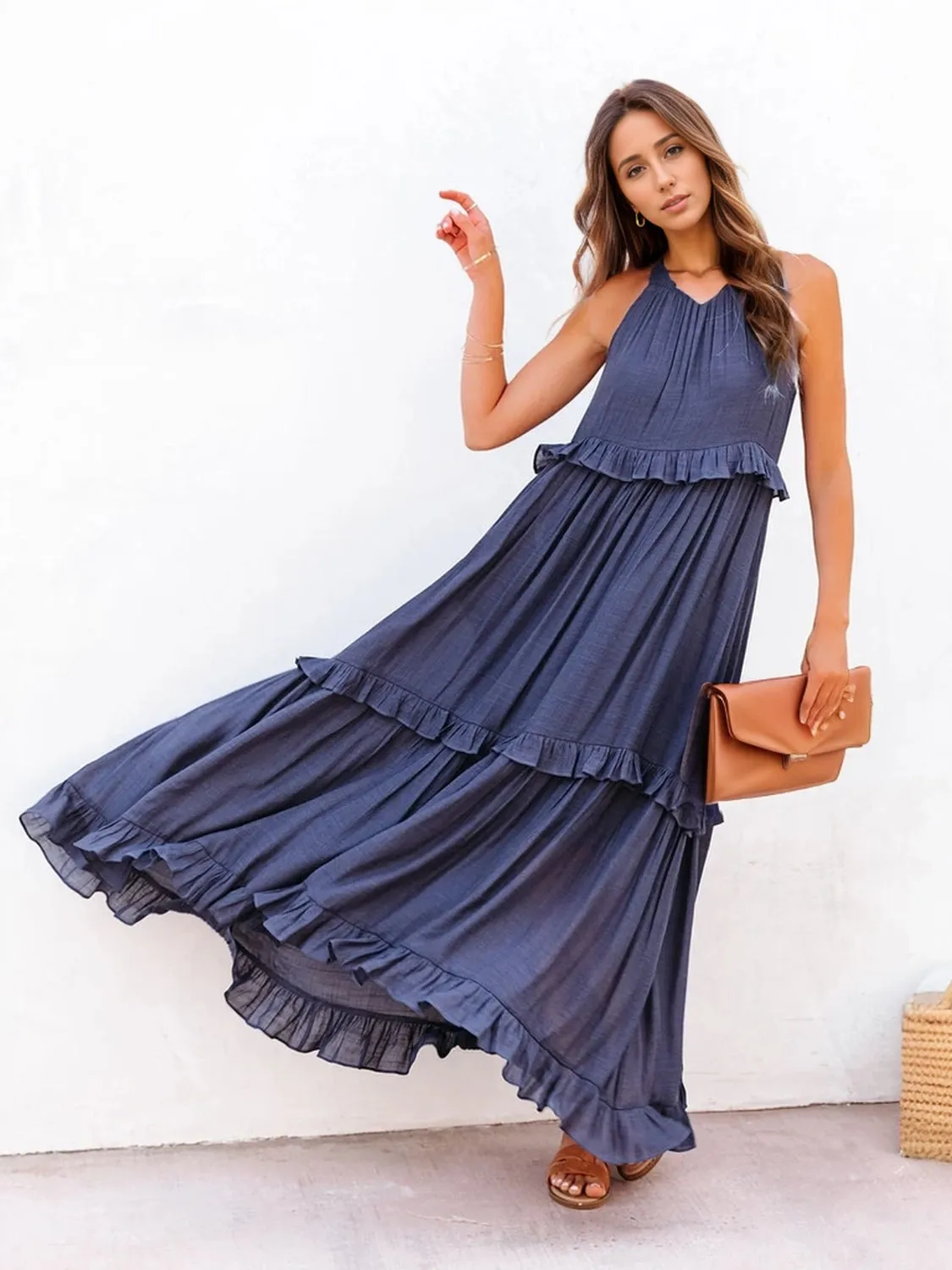 Blue Zone Planet |  Adeline's Ruffled Sleeveless Tiered Maxi Dress with Pockets