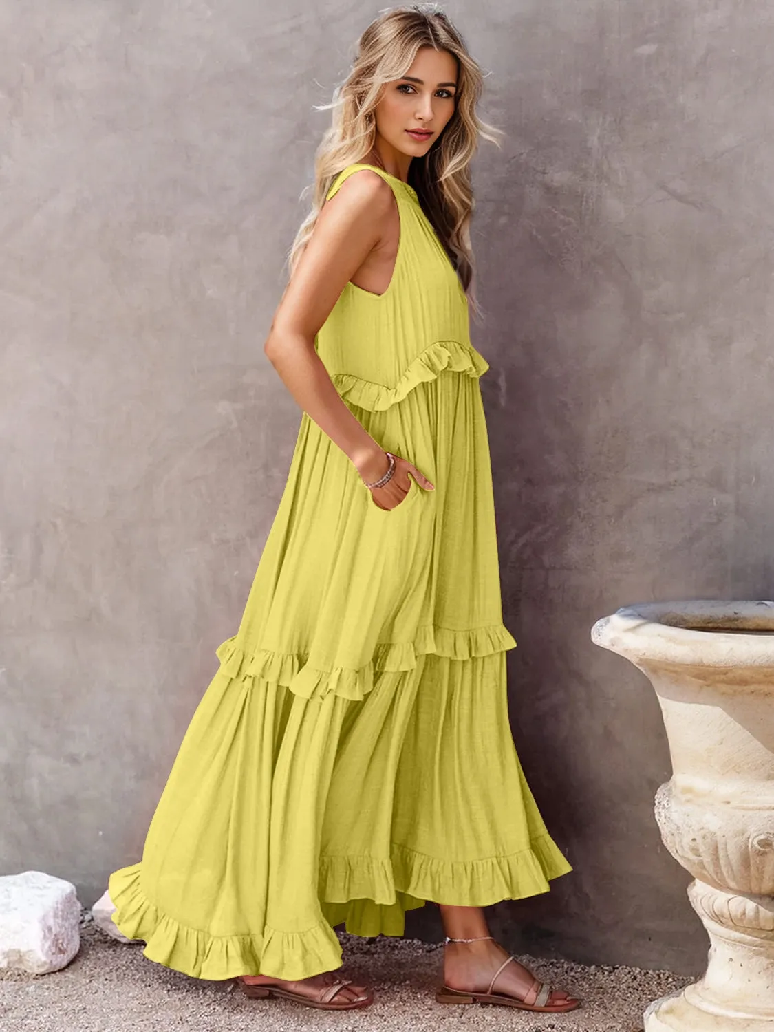 Blue Zone Planet |  Adeline's Ruffled Sleeveless Tiered Maxi Dress with Pockets