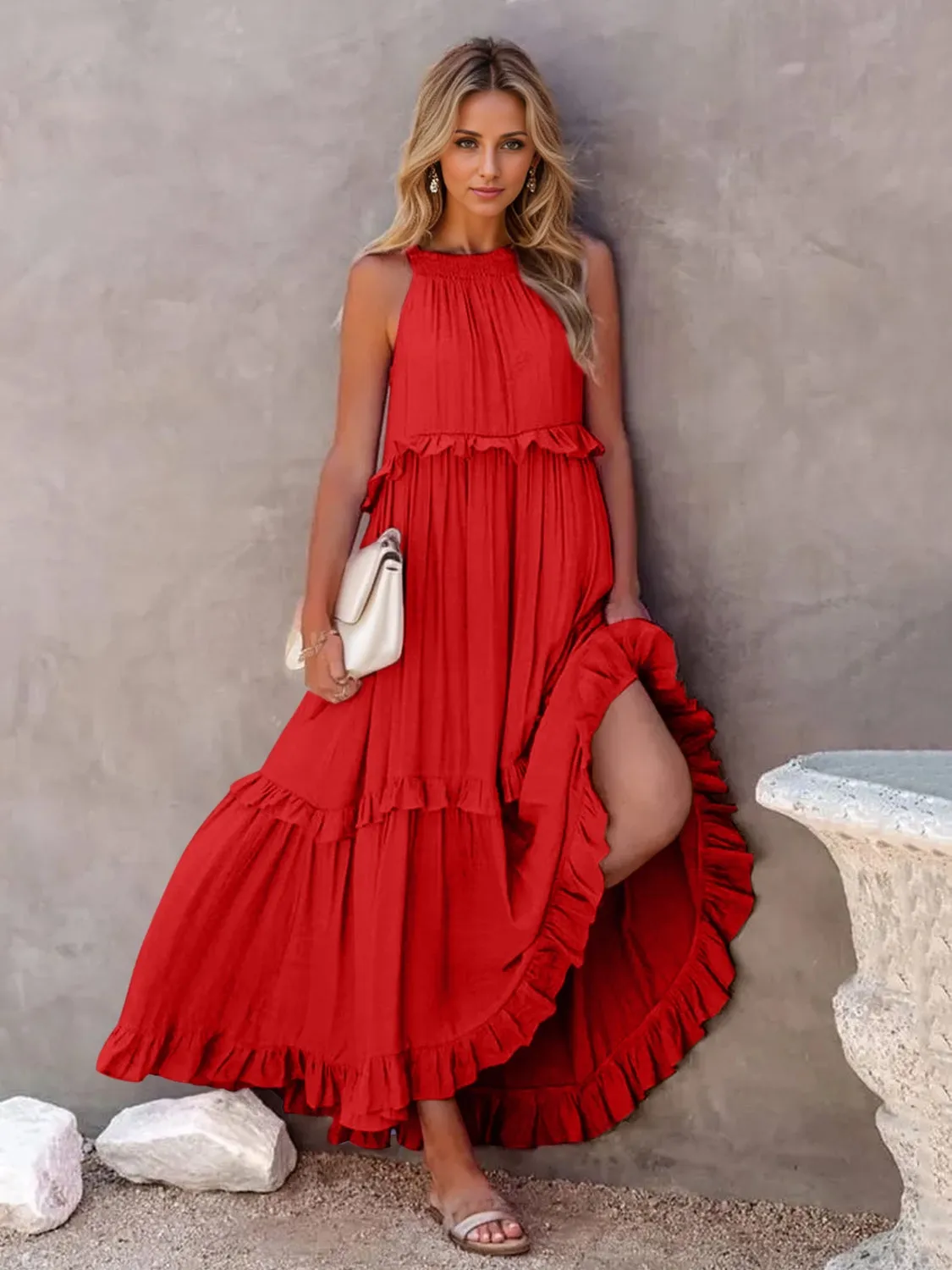 Blue Zone Planet |  Adeline's Ruffled Sleeveless Tiered Maxi Dress with Pockets