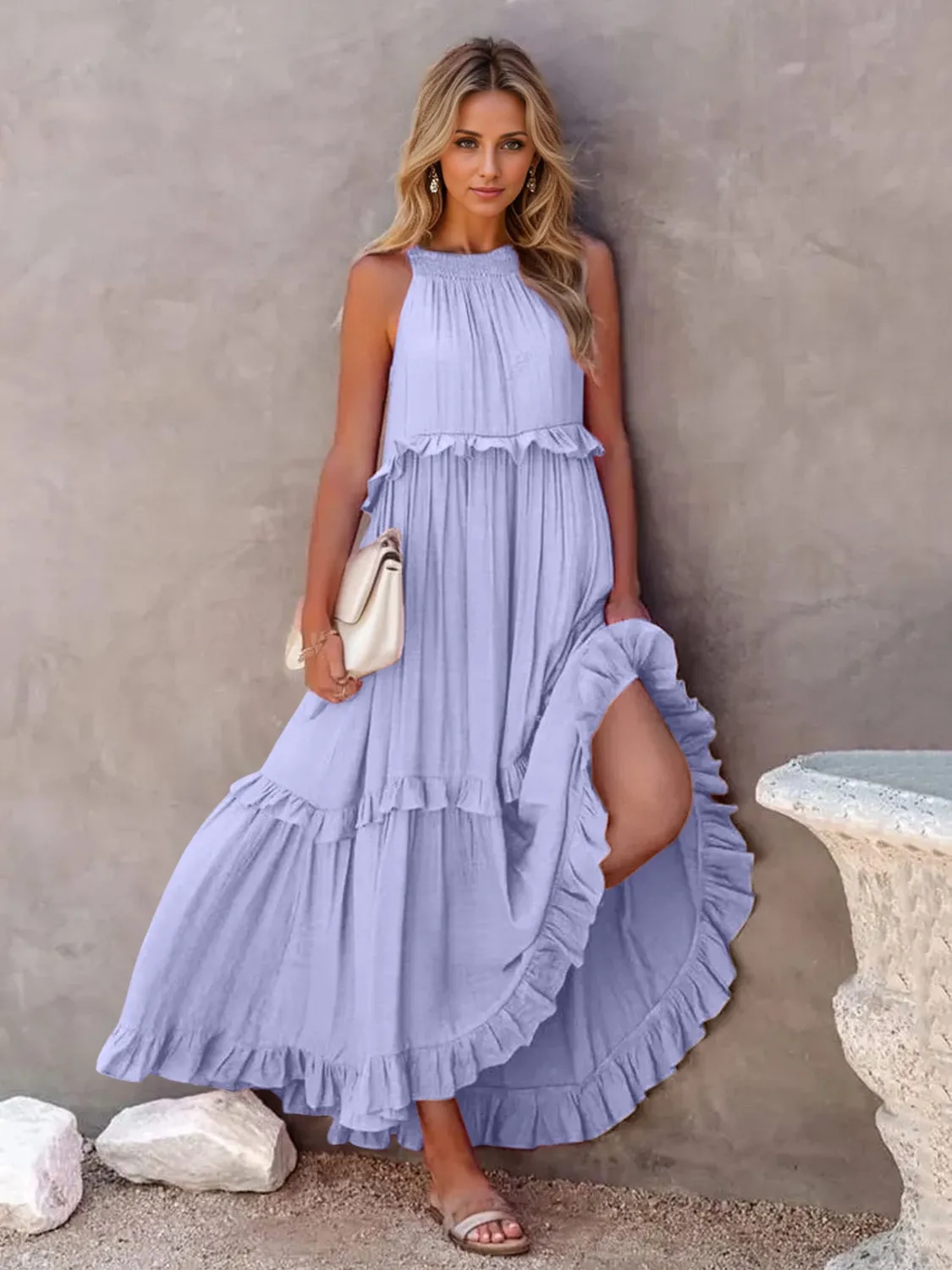 Blue Zone Planet |  Adeline's Ruffled Sleeveless Tiered Maxi Dress with Pockets