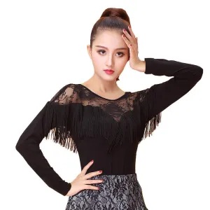 Boat Neck Long Sleeve Latin/Ballroom Top with Tassels