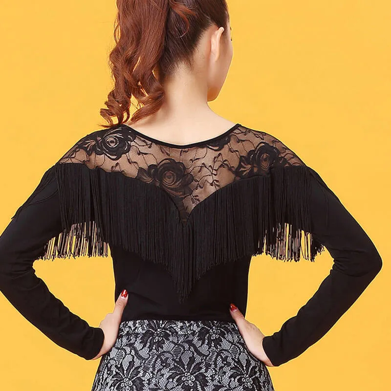 Boat Neck Long Sleeve Latin/Ballroom Top with Tassels
