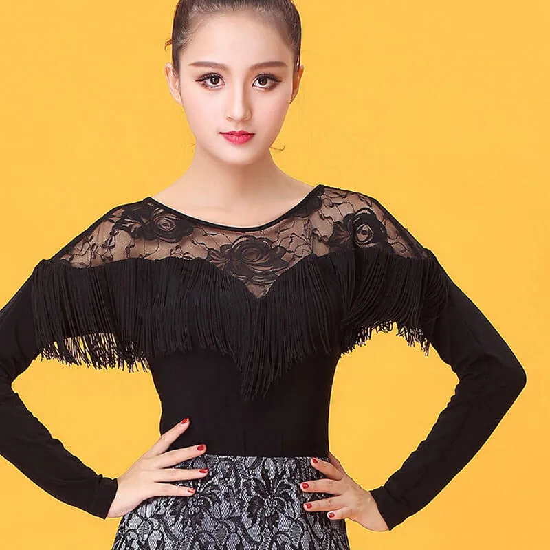 Boat Neck Long Sleeve Latin/Ballroom Top with Tassels
