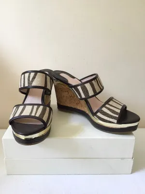 BRAND NEW MODA IN PELLE CREAM & BROWN GOLD TRIM  WEDGE HEEL MULES SIZE 7/40
