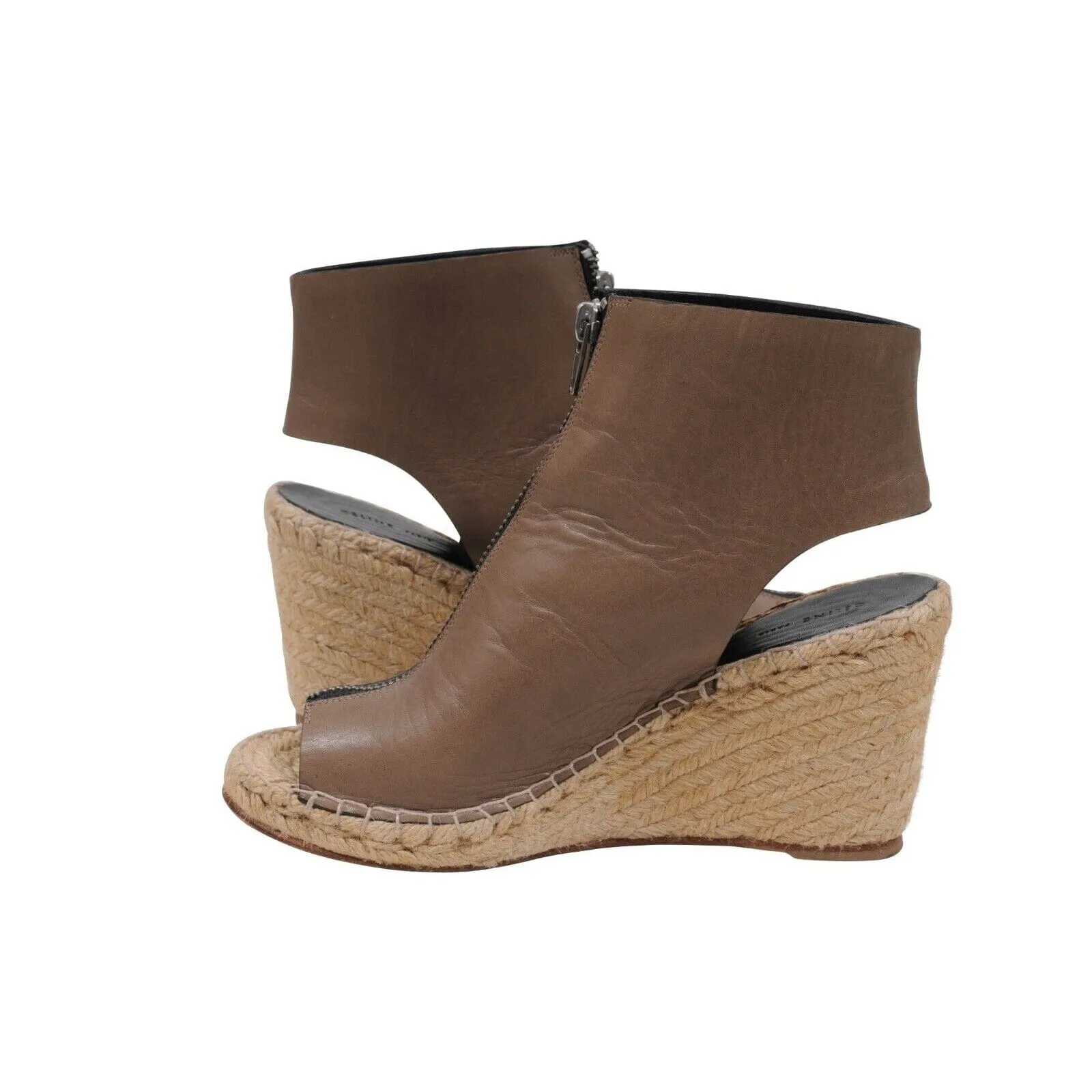 Brown Leather Zip Front Espadrille Wedge Heels