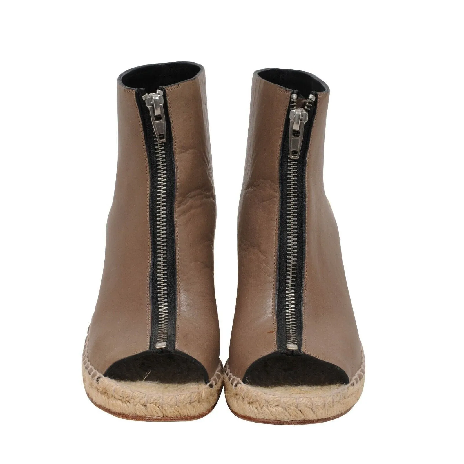Brown Leather Zip Front Espadrille Wedge Heels