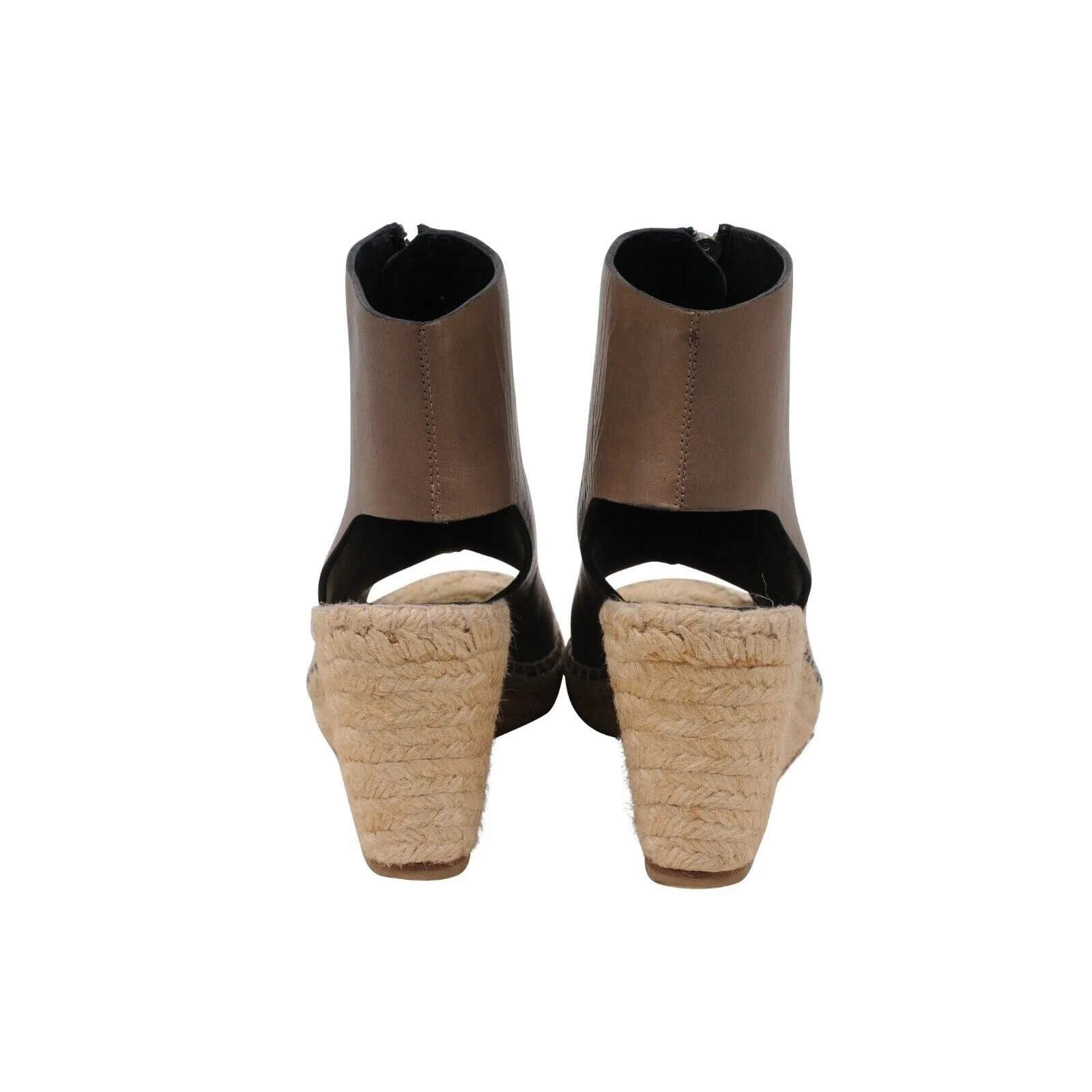Brown Leather Zip Front Espadrille Wedge Heels