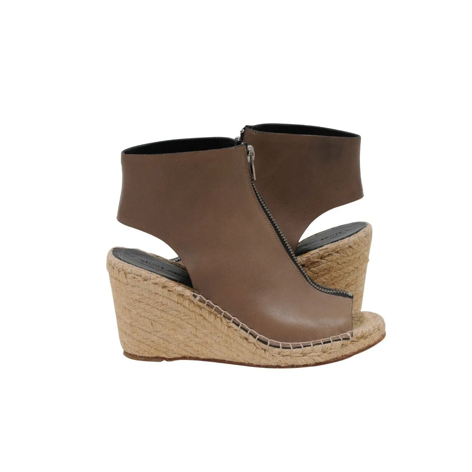 Brown Leather Zip Front Espadrille Wedge Heels