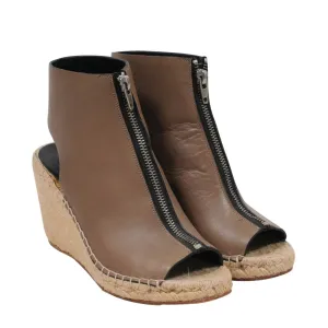 Brown Leather Zip Front Espadrille Wedge Heels