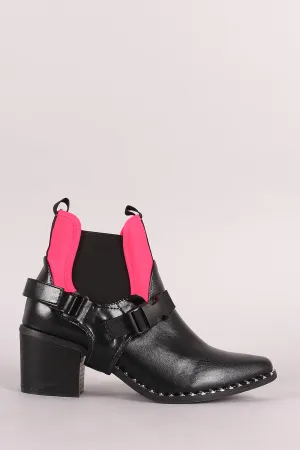 Buckled And Studded Chelsea Chunky Mid-Heel Moto Ankle Boots
