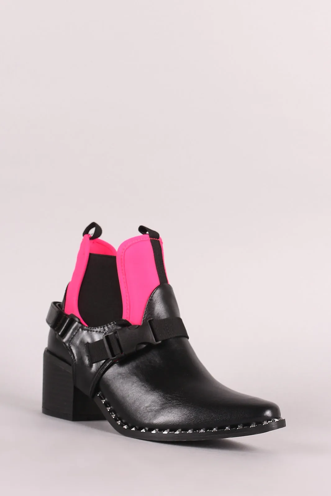 Buckled And Studded Chelsea Chunky Mid-Heel Moto Ankle Boots