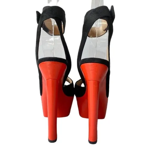 CELINE Black Suede Ankle Strap, Red Leather Platform Peep Toe Sandals, Size 38.5