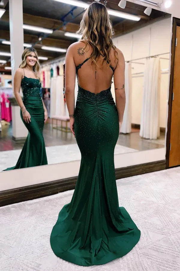 Charming Mermaid Scoop Neck Dark Green Satin Long Prom Dresses with Beading PFP2421