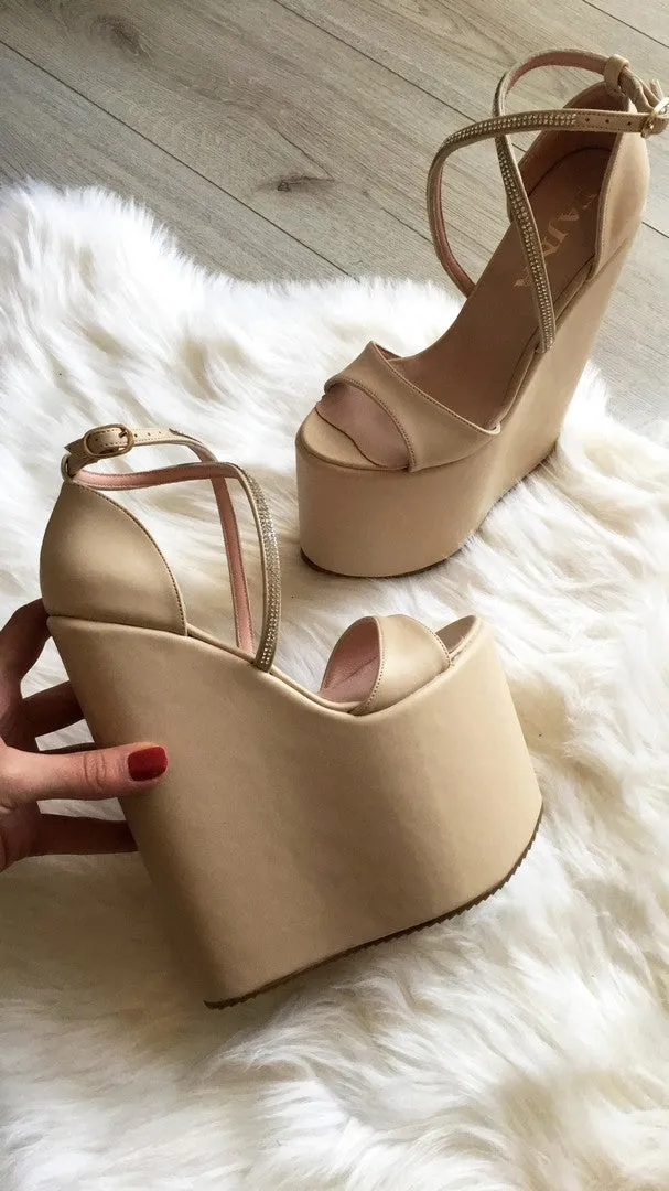 Cream Nude Cross Strap High Heel Wedges