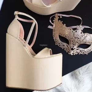 Cream Nude Cross Strap High Heel Wedges