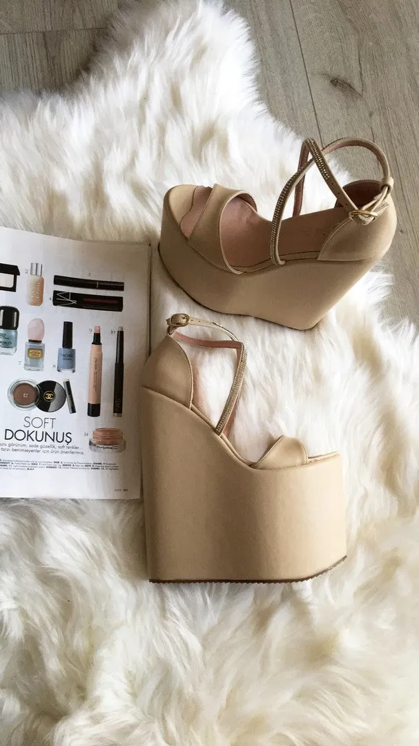 Cream Nude Cross Strap High Heel Wedges