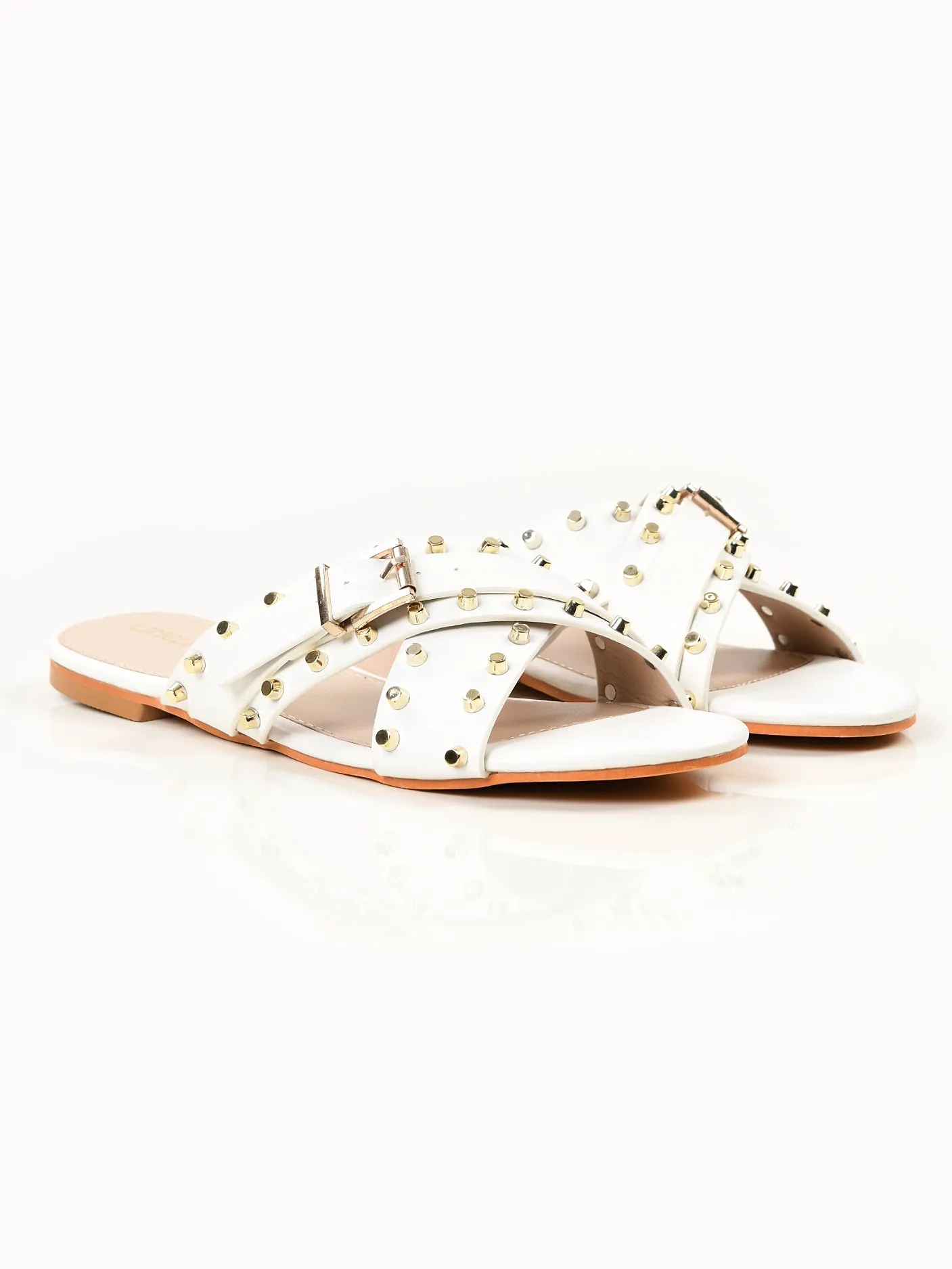 Crisscross Studded Flats - White