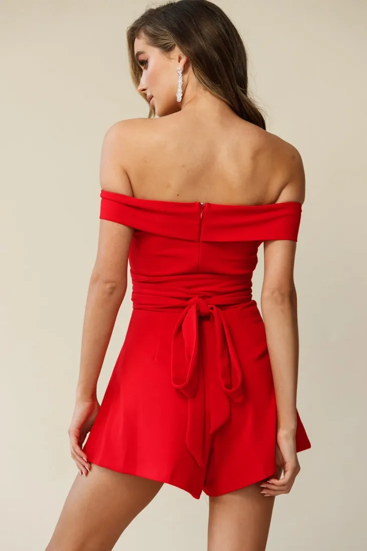 Crossroads Bardot Neckline Wrap Torso Romper Red