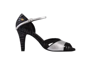 Dance Naturals 80 Canoccia Black Print Suede and Silver Leather Open Toe Ladies Tango Dance Shoe