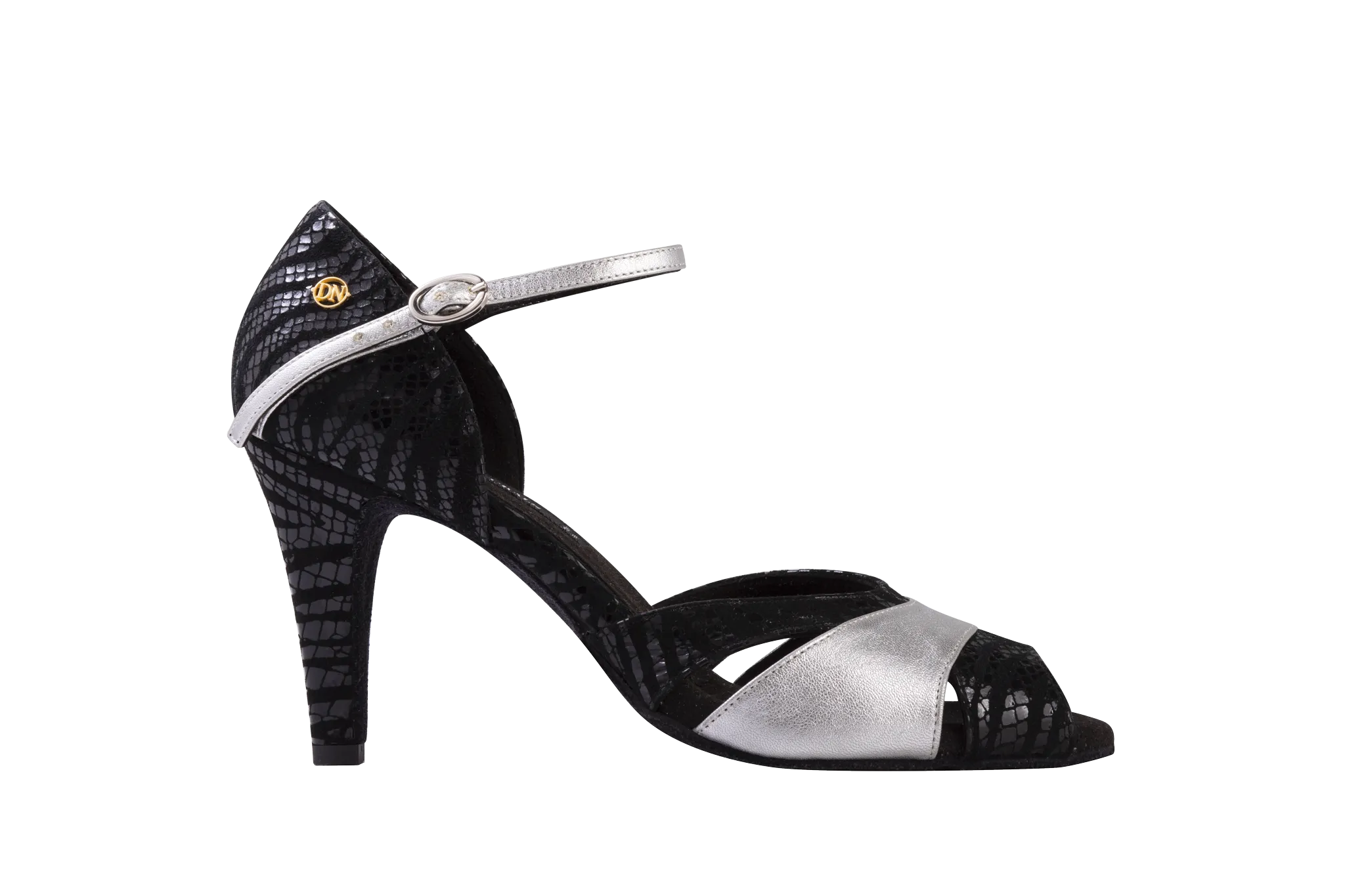 Dance Naturals 80 Canoccia Black Print Suede and Silver Leather Open Toe Ladies Tango Dance Shoe