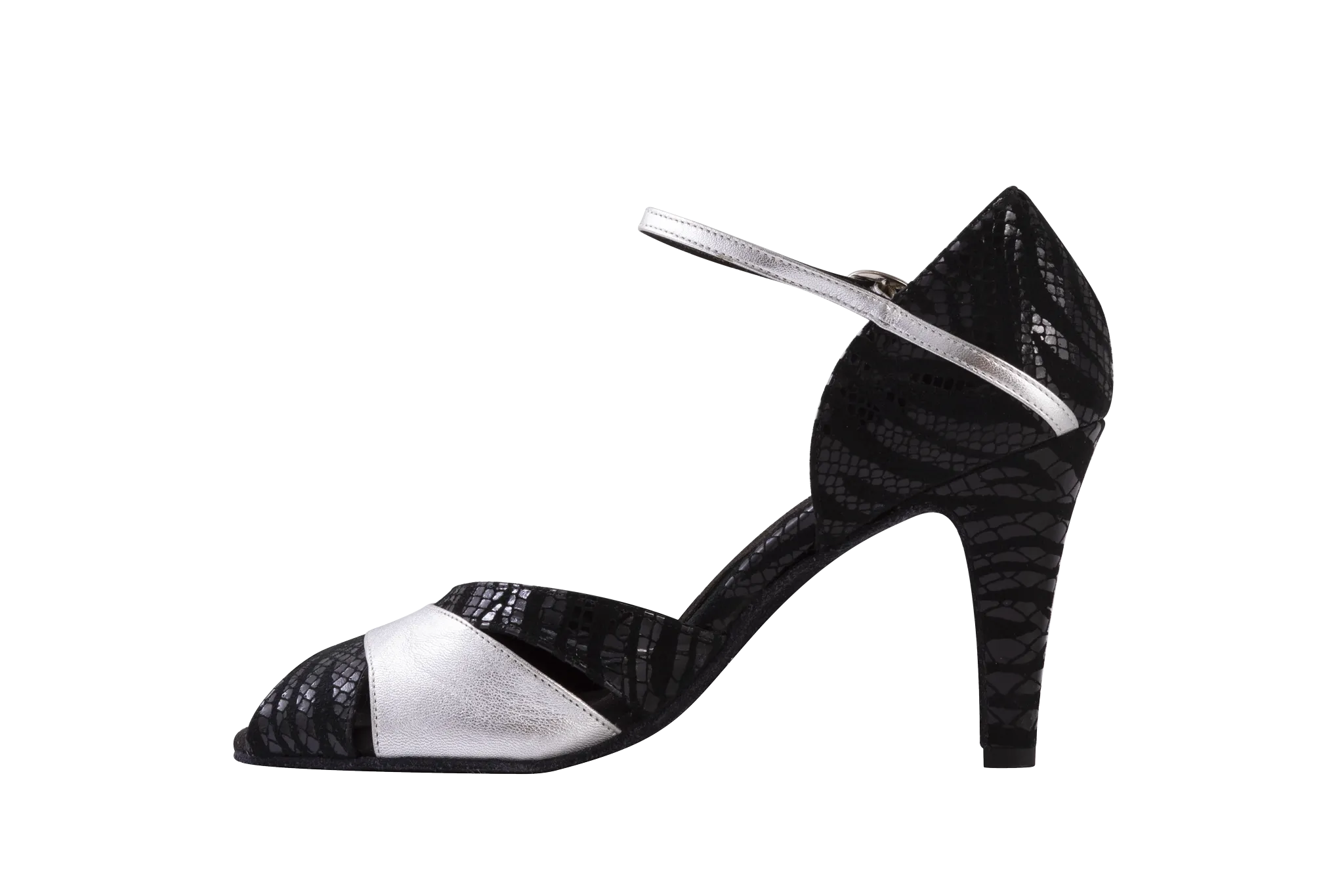 Dance Naturals 80 Canoccia Black Print Suede and Silver Leather Open Toe Ladies Tango Dance Shoe