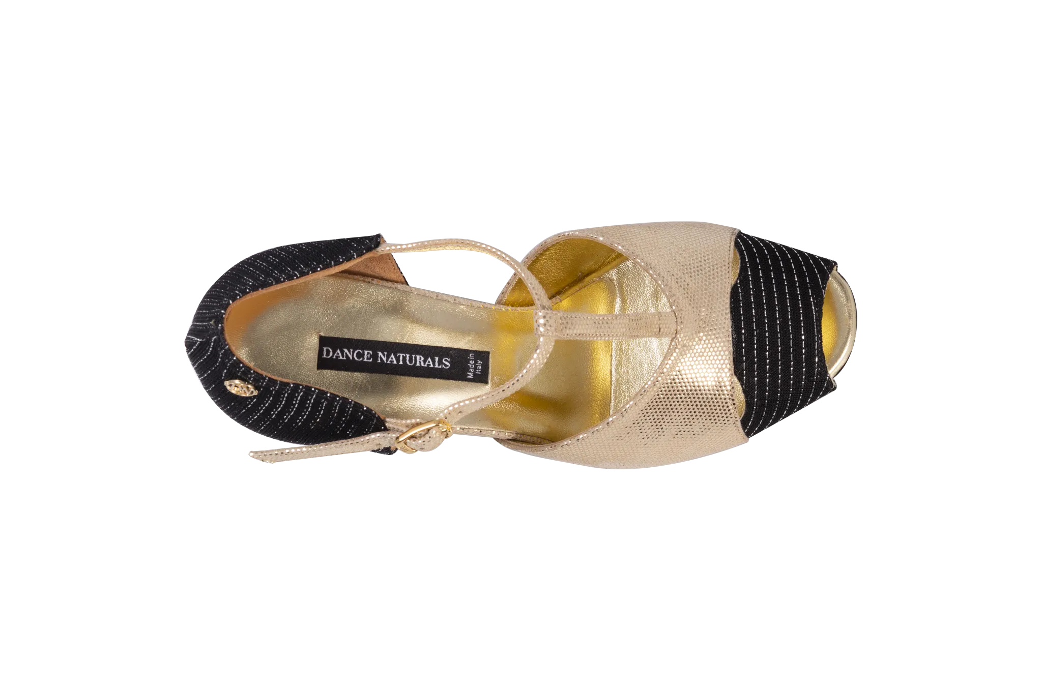 Dance Naturals 83 Mugier Black Fabric and Platinum Fish Open Toe Ladies Tango Dance Shoe with T-Bar and Cutouts