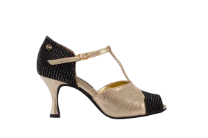 Dance Naturals 83 Mugier Black Fabric and Platinum Fish Open Toe Ladies Tango Dance Shoe with T-Bar and Cutouts
