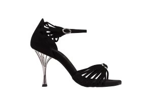 Dance Naturals 883/884 Venere Black Suede Multi-Strap Latin Shoe with Swarovski Buckles and Flower-Shaped Embellishment on Heel