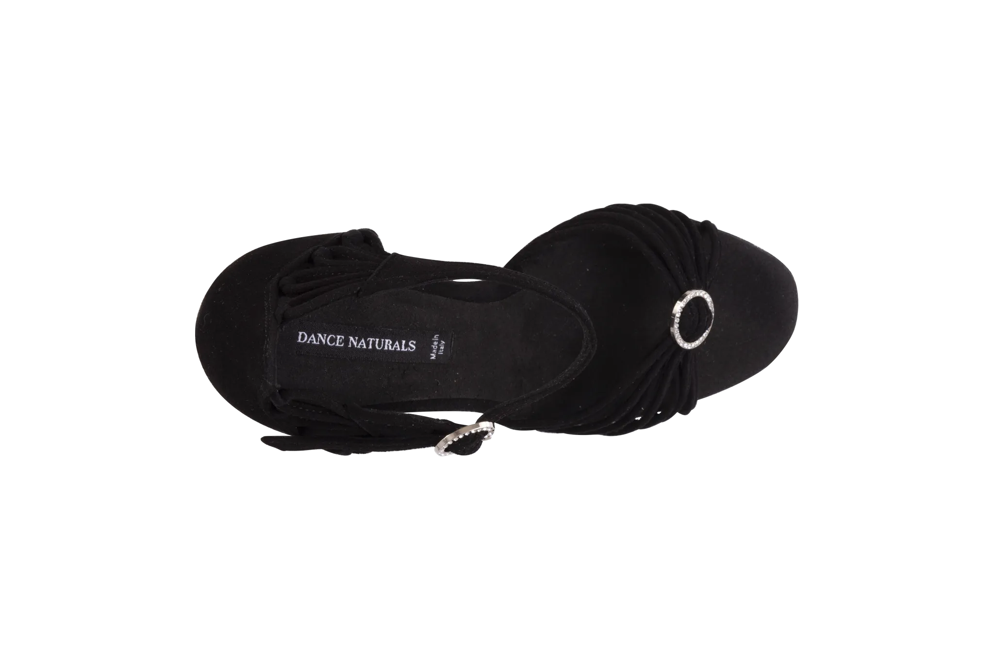 Dance Naturals 883/884 Venere Black Suede Multi-Strap Latin Shoe with Swarovski Buckles and Flower-Shaped Embellishment on Heel