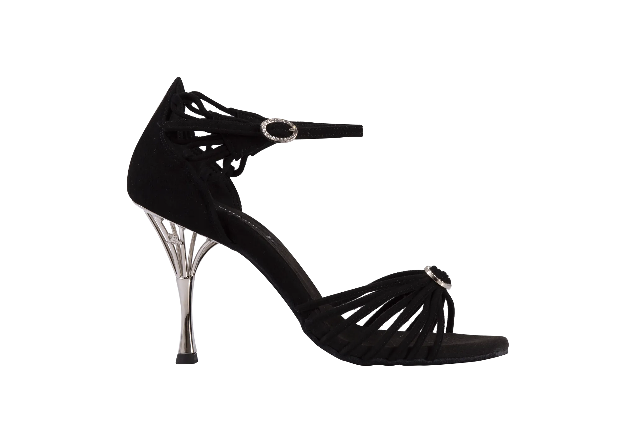 Dance Naturals 883/884 Venere Black Suede Multi-Strap Latin Shoe with Swarovski Buckles and Flower-Shaped Embellishment on Heel
