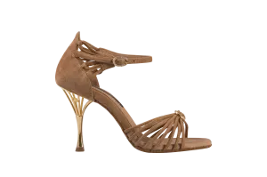 Dance Naturals 883/884 Venere Tan Suede Multi-Strap Latin Shoe with Swarovski Buckles and Flower-Shaped Embellishment on Heel