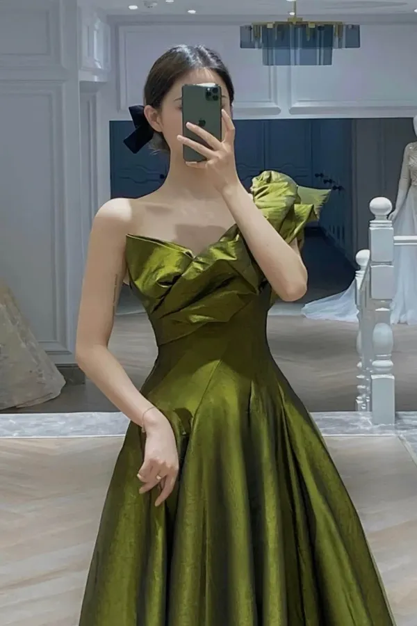 Dark Green One Shoulder Satin Floor Length Party Dress, Dark Green Prom Dress PFP2748