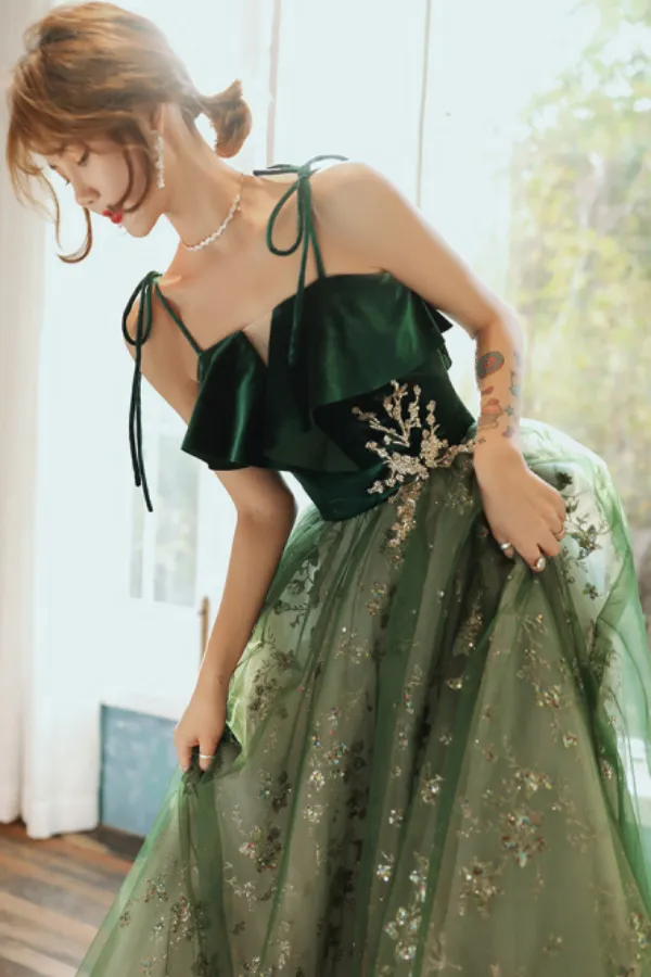 Dark Green Straps Tulle with Velvet Party Dress, Green Evening Gown Prom Dress PFP2485