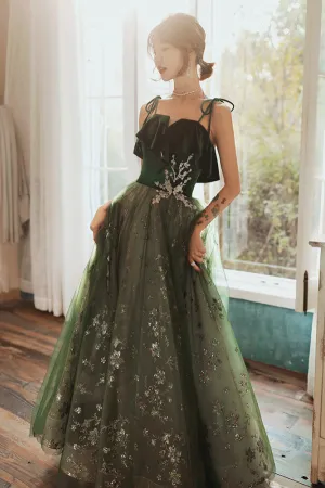 Dark Green Straps Tulle with Velvet Party Dress, Green Evening Gown Prom Dress PFP2485