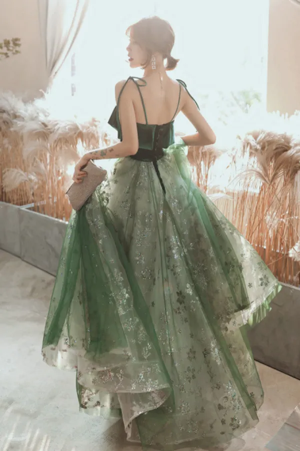 Dark Green Straps Tulle with Velvet Party Dress, Green Evening Gown Prom Dress PFP2485