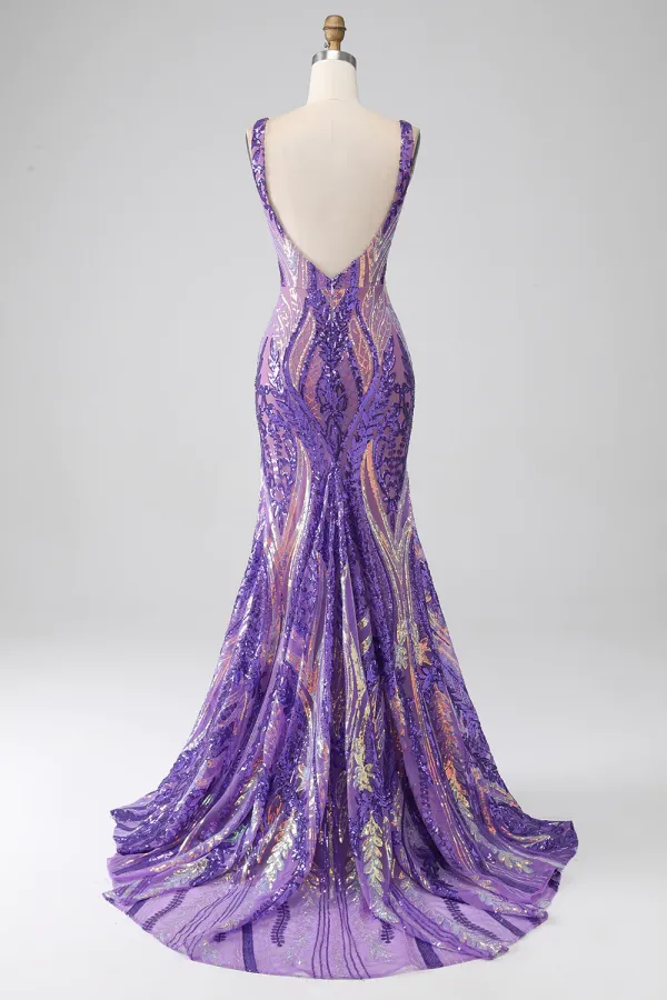 Dark Purple Mermaid V Neck Sequins Long Prom Dress PFP2557