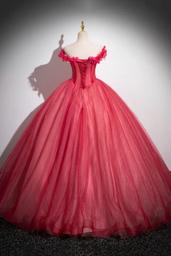 Dark Red Beading Prom Dress with Corset, Off the Shoulder Short Sleeve Floor Length Party Dress PFP2461