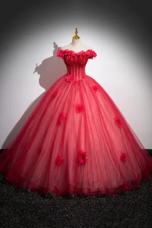 Dark Red Beading Prom Dress with Corset, Off the Shoulder Short Sleeve Floor Length Party Dress PFP2461