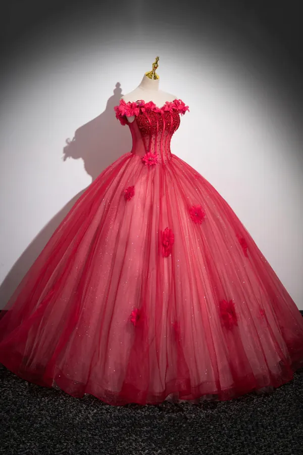 Dark Red Beading Prom Dress with Corset, Off the Shoulder Short Sleeve Floor Length Party Dress PFP2461