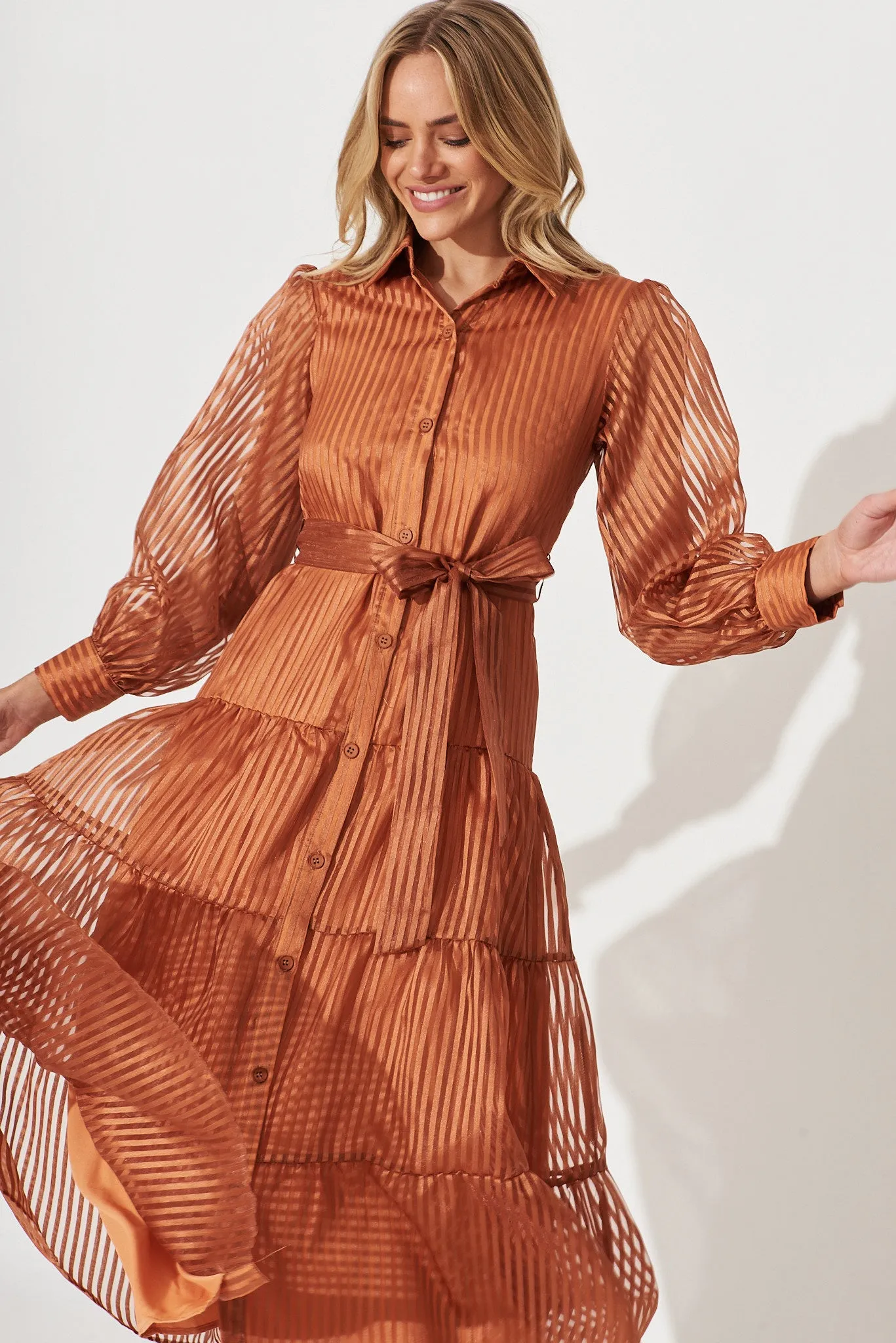Dorothy Maxi Shirt Dress In Bronze Organza