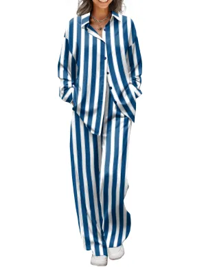 Ekouaer Womens 2 Piece Silk Satin Pajama Set Long Sleeve Lounge Sets Button Down Shirts and Pants PJs Soft Sleepwear Sets Blue White Stripes XXL