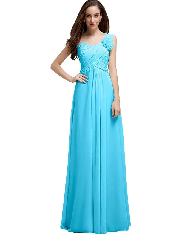 Elegant A-line One-Shoulder With Flowers Floor-Length Chiffon Long Bridesmaid Dresses