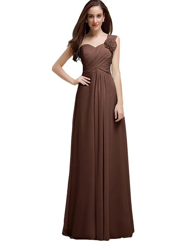 Elegant A-line One-Shoulder With Flowers Floor-Length Chiffon Long Bridesmaid Dresses