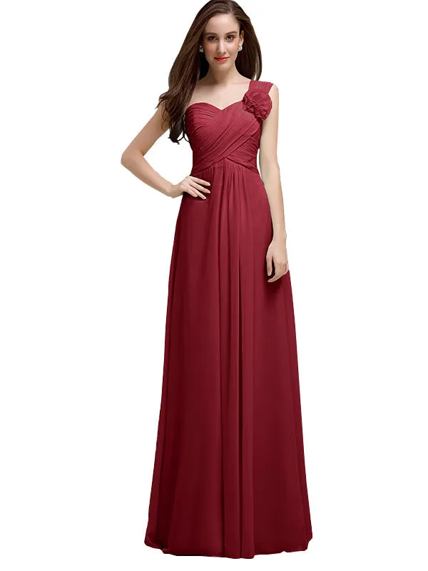 Elegant A-line One-Shoulder With Flowers Floor-Length Chiffon Long Bridesmaid Dresses