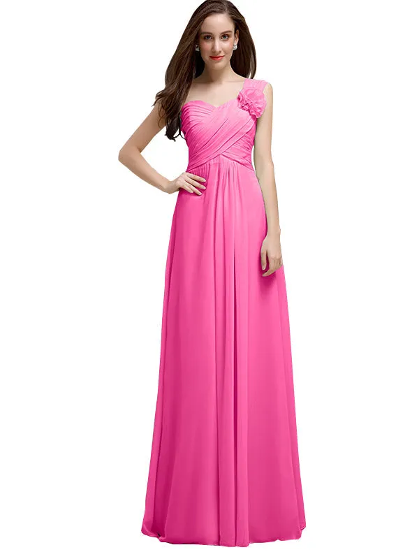 Elegant A-line One-Shoulder With Flowers Floor-Length Chiffon Long Bridesmaid Dresses