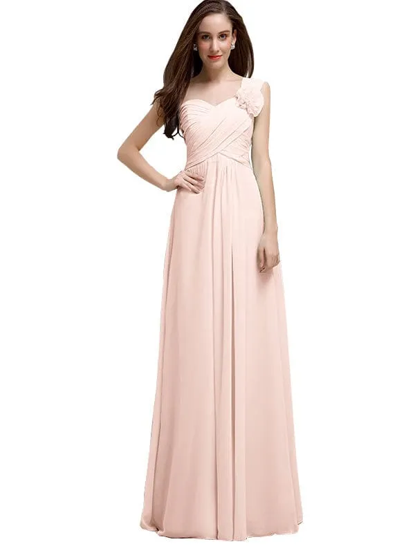Elegant A-line One-Shoulder With Flowers Floor-Length Chiffon Long Bridesmaid Dresses