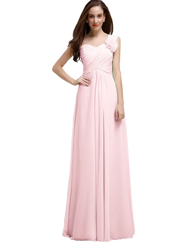 Elegant A-line One-Shoulder With Flowers Floor-Length Chiffon Long Bridesmaid Dresses